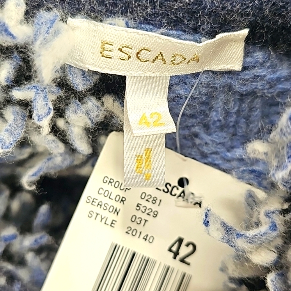 Escada Shaggy Cowl Neck Chunky Knit Pale Blue & Navy Abstract Sweater Wool Blend - Picture 5 of 12